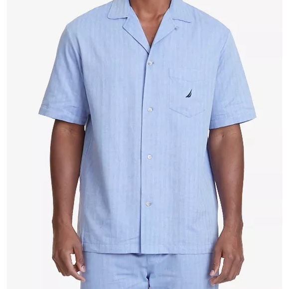 Nautica Sleepwear Men's Herringbone Button Down Pajama Top M Cornflower Blue - Picture 1 of 9